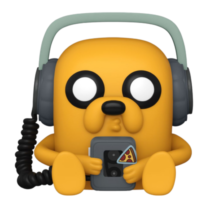 A cartoon-style, yellow dog Pop! Vinyl by Funko features large headphones and a camera with a pizza sticker, reminiscent of Adventure Times Jake the Dog. This collectible pup has big eyes, floppy ears, and a relaxed expression.