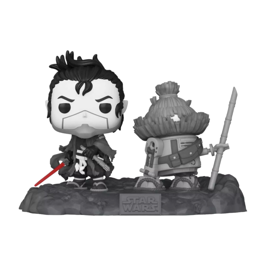 Dive into the Star Wars: Visions universe with The Ronin & B5-56 Glow US Exclusive Pop! Deluxe [RS]. Featuring a samurai with a red lightsaber and a droid with a staff on a Star Wars logo base, this collectible is perfect for any fan!.