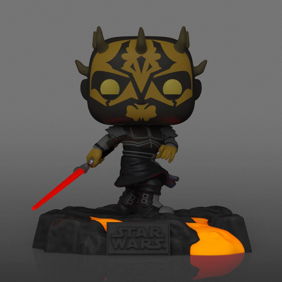 The Funko Pop Star Wars - Red Saber Series: Savage Opress Glow US Exclusive Pop! Deluxe [RS] is a striking collectible showcasing Savage Opress with face tattoos, horns, and a red lightsaber, standing on a base with glowing orange elements.