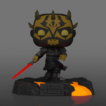 The Funko Pop Star Wars - Red Saber Series: Savage Opress Glow US Exclusive Pop! Deluxe [RS] is a striking collectible showcasing Savage Opress with face tattoos, horns, and a red lightsaber, standing on a base with glowing orange elements.