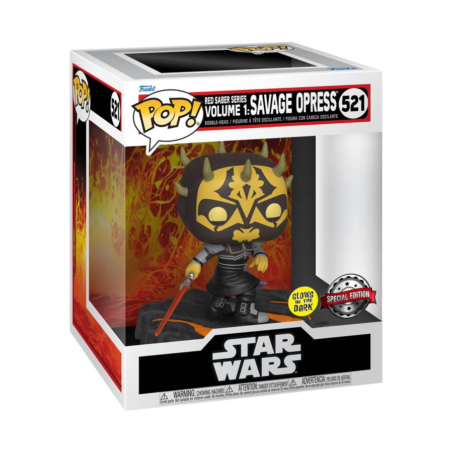 The image showcases a Star Wars - Red Saber Series: Savage Opress Glow US Exclusive Funko Pop! Deluxe [RS]. This glow-in-the-dark collectible, labeled 521, features vivid background artwork and a clear display box.