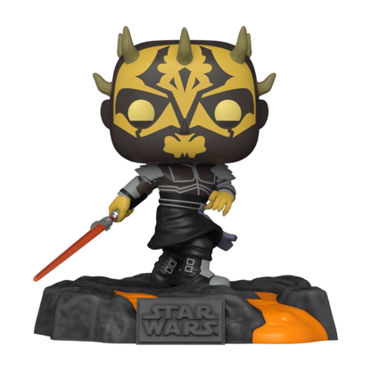 The Star Wars - Red Saber Series: Savage Opress Glow US Exclusive Pop! Deluxe showcases Savage Opress with yellow and black markings, holding a red lightsaber. It stands on an orange-accented rocky base, displaying the Star Wars logo prominently.