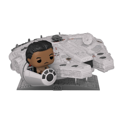 The Star Wars Celebration 2022 exclusive Pop! Ride features Lando Calrissian piloting the Millennium Falcon, a gray spaceship from Star Wars, against a plain black backdrop, making it essential for collectors.