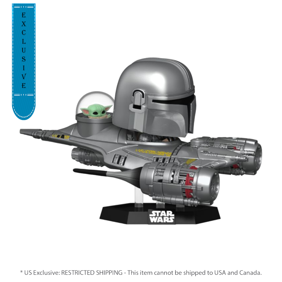 The Star Wars - The Mandalorian and Grogu in N1 Starfighter US Exclusive Pop! Ride [RS] showcases a silver starship featuring a helmet design and Grogu in the cockpit bubble. The base displays the Star Wars logo. Shipping is restricted to USA and Canada only.