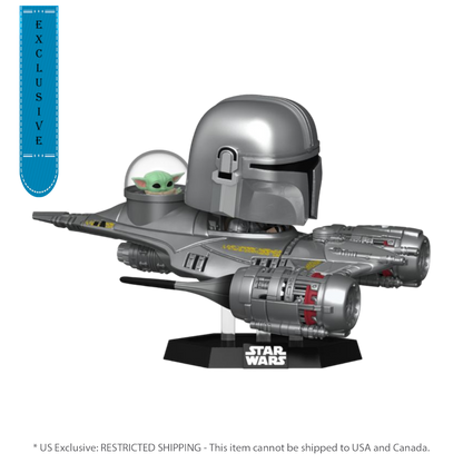The Star Wars - The Mandalorian and Grogu in N1 Starfighter US Exclusive Pop! Ride [RS] showcases a silver starship featuring a helmet design and Grogu in the cockpit bubble. The base displays the Star Wars logo. Shipping is restricted to USA and Canada only.