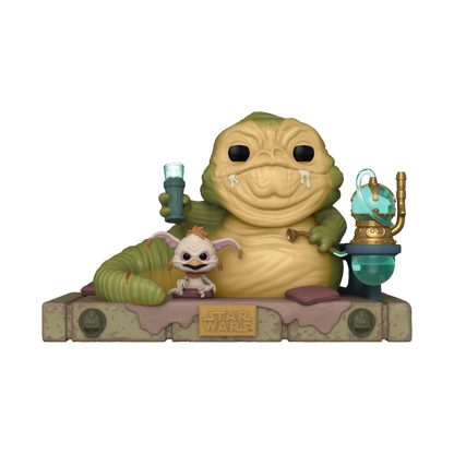 Celebrate Star Wars with the Funko Pop! Star Wars: Return of the Jedi 40th Anniversary - Jabba with Salacious Pop! Movie Moment, featuring a large green Jabba holding a cup, sitting on a stone platform with his mischievous companion and hookah, complete with a commemorative plaque.