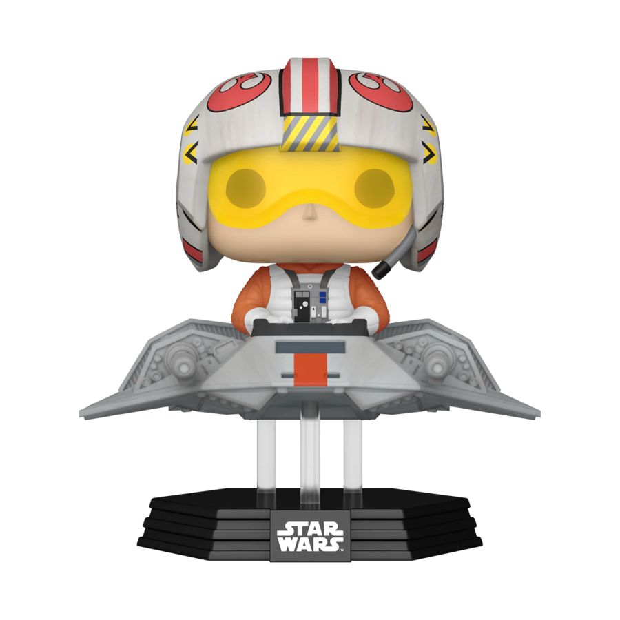 The Star Wars - Luke in T-47 Airspeeder US Exclusive Pop! Ride [RS] features Luke in a pilot helmet with a yellow visor in a detailed T-47 Airspeeder. The bobblehead design and black base, adorned with the iconic Star Wars logo, capture an epic galaxy moment.