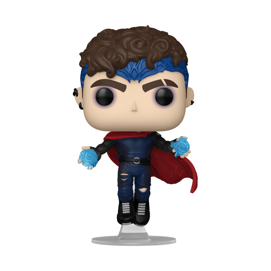 Presenting the Agatha All Along (TV) - Wiccan Pop! Vinyl: this Funko Pop! figure showcases a superhero with curly brown hair, vibrant blue mask, navy suit, and striking red cape, holding dynamic blue energy orbs. Perfect for any collector’s display.