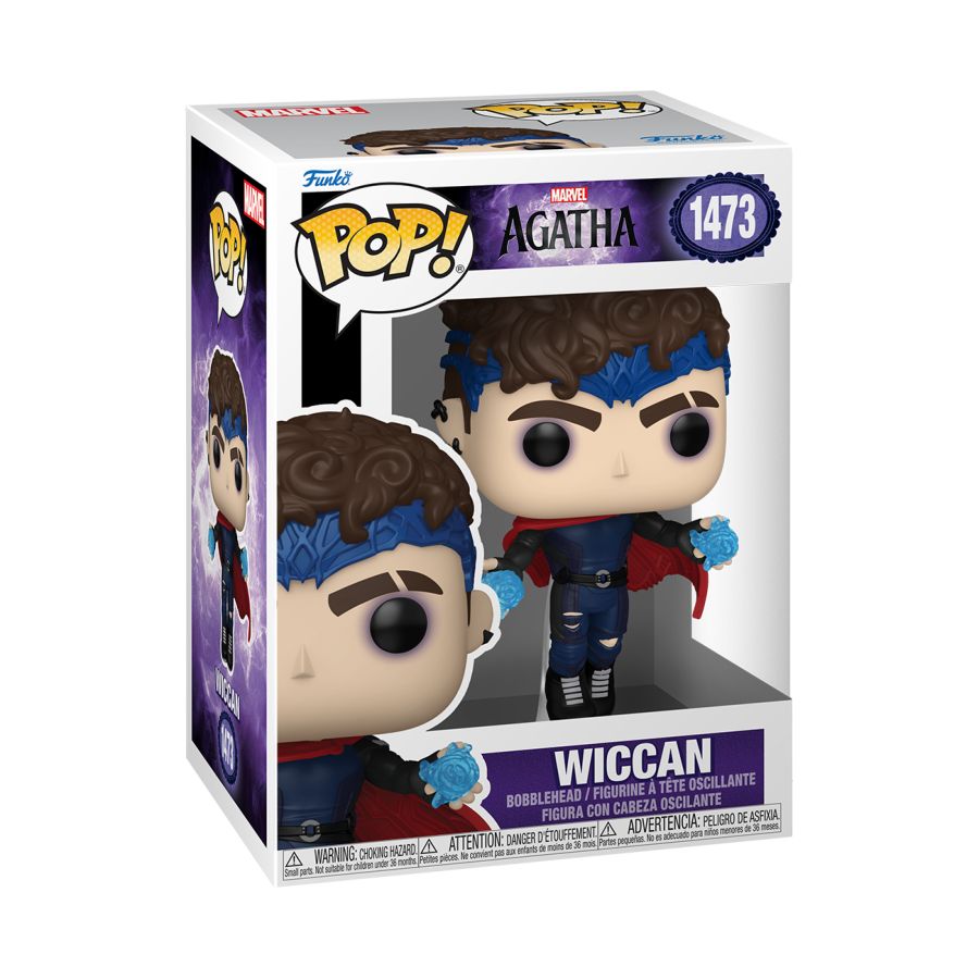 Introducing the Agatha All Along (TV) - Wiccan Pop! Vinyl figure, featuring Wiccans detailed costume and magical blue energy. Housed in a display box with product number 1473, it showcases front and side views. A must-have for Marvel Cinematic Universe fans!.