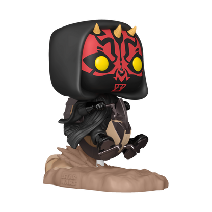 The Star Wars: Phantom Menace 25th Anniversary - Darth Maul on Bloodfin Pop! Ride features a black hood, red and black facial markings, yellow eyes, small horns, and wields a double-bladed red lightsaber. It stands on a sand-colored base with the Star Wars logo.