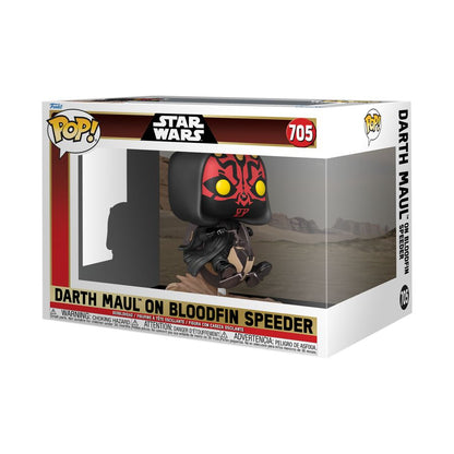 Grab the Star Wars: Phantom Menace 25th Anniversary - Darth Maul on Bloodfin Pop! Ride, showcasing Darth Maul with iconic red and black markings on his speeder. The themed box is marked 705 and includes warning labels.