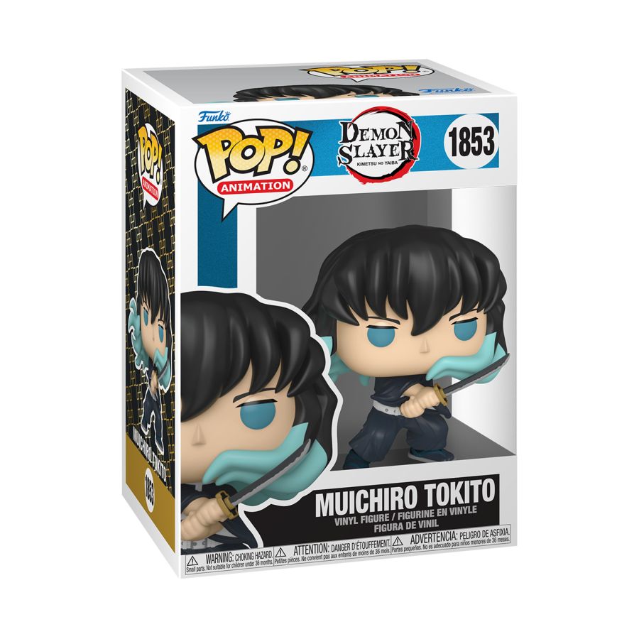The Demon Slayer - Muichiro Tokito Pop! Vinyl, numbered 1853, features the character with swords. It’s packaged with vibrant colors, iconic logos for Pop! Animation and Demon Slayer, making it a must-have collectible for fans. There is also a chase variant available.