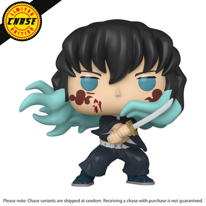 The Demon Slayer - Muichiro Tokito Pop! Vinyl displays him with long black hair, a sword, a pale blue scarf-like pattern, and blood splatter on the face. A Chase Limited Edition sticker embellishes the top left corner.