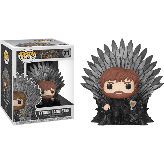 Discover the iconic A Game of Thrones - Tyrion on Iron Throne Pop! Deluxe. This Funko features Tyrion holding a goblet, seated majestically by its display box, illustrated with Tyrion and marked Pop! Game of Thrones number 71.