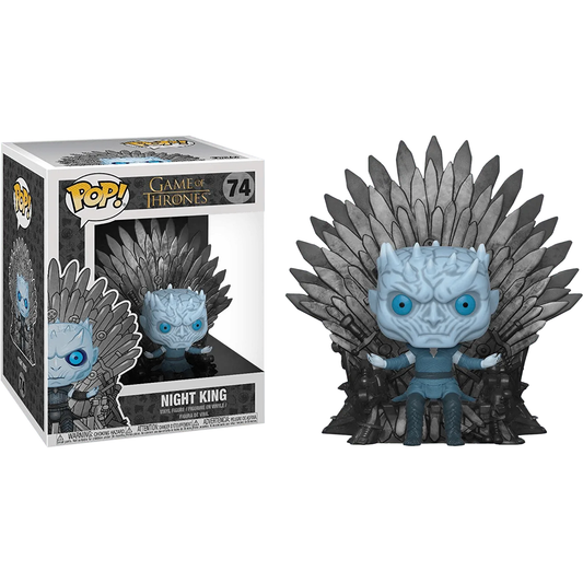 The A Game of Thrones - Night King Iron Throne Pop! Deluxe figure depicts the Night King with blue skin, armor, and a crown-like head seated on the iconic Iron Throne. The packaging highlights his chilling majesty.
