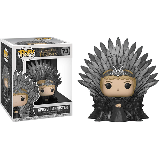 The A Game of Thrones - Cersei on Iron Throne Pop! Deluxe figure features Cersei Lannister seated on the intricately designed Iron Throne, wearing her crown and signature black outfit. It is a must-have collectible packaged as number 73 with the name Cersei Lannister.