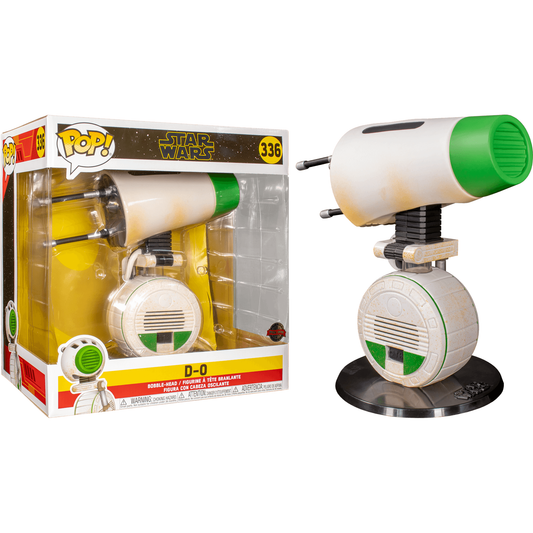 Outside its box, the Star Wars - D-0 Episode IX Rise of Skywalker US Exclusive 10 Pop! Vinyl showcases a beloved character with a cylindrical head and wheel design. Its primarily white with green accents, while the box on the left displays the same figure inside.