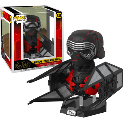 Funko Pop! Deluxe of Star Wars Kylo Ren Supreme Leader in TIE Whisper from Episode IX: The Rise of Skywalker, featuring the cracked helmet. Box displays Star Wars branding and is numbered 321.