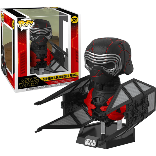 Funko Pop! Deluxe of Star Wars Kylo Ren Supreme Leader in TIE Whisper from Episode IX: The Rise of Skywalker, featuring the cracked helmet. Box displays Star Wars branding and is numbered 321.