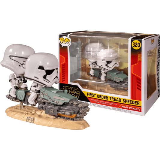 This Star Wars Pop! Deluxe captures the essence of Episode IX: Rise of Skywalker with its First Order Tread Speeder, featuring two white-helmeted Stormtroopers on a sleek gray and green speeder. Its a must-have for Movie Moments 320 collectors.