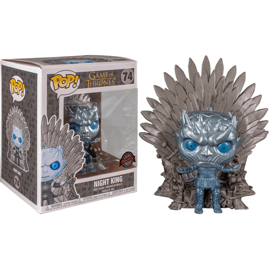 The Night King Throne Metallic Pop! Deluxe vinyl figure from Game of Thrones features blue eyes and icy armor on a metallic gray throne, packaged in its original box with a clear display window.