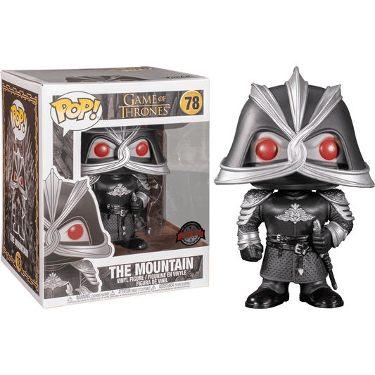 The A Game of Thrones - The Mountain US Exclusive 6 Pop! Vinyl depicts the character in silver armor with a helmet and red eyes, holding a sword. It comes in packaging designated as number 78.
