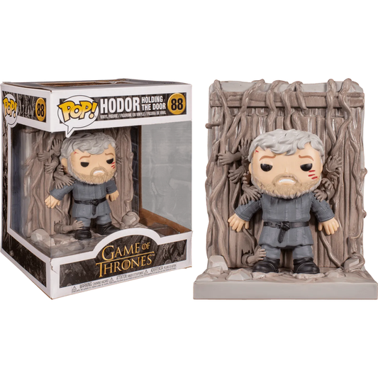 The Funko Pop Deluxe figure, named A Game of Thrones - Hodor Holding Door Pop! Deluxe, features a character with gray hair and a beard against a vine-covered door, numbered 88, capturing the iconic moment from the series.