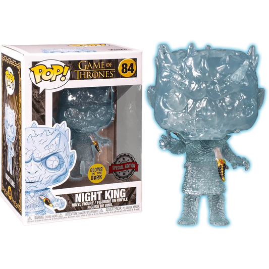 Meet the Game of Thrones - Crystal Night King with Dagger Glow US Exclusive Pop! Vinyl. This collectible shines with its icy blue, glow-in-the-dark design and is perfect for display alongside its box—a must-have for all Game of Thrones fans.