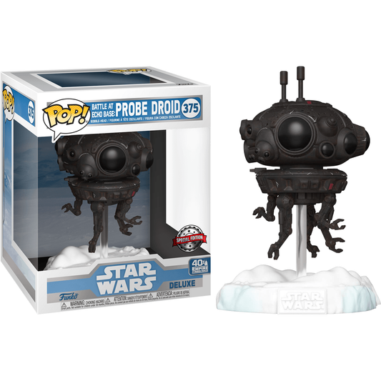 A Star Wars - Probe Droid 6 US Exclusive Pop! Deluxe Diorama features a black droid on a snowy base from Empire Strikes Back. The box includes Special Edition and 40th Anniversary logos, labeled Battle at Echo Base.
