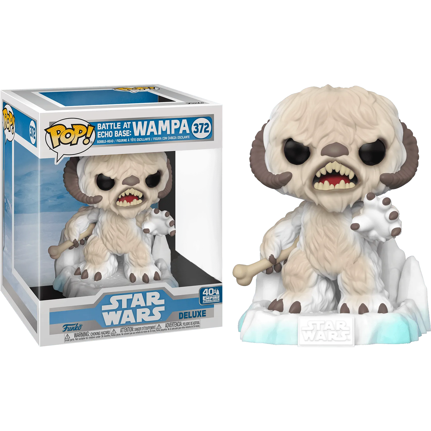 The Star Wars - Wampa US Exclusive Pop! Deluxe Diorama [RS] showcases a striking Wampa on a snowy base with an open mouth and clutching a bone, all set against the Battle at Echo Base Wampa packaging box.