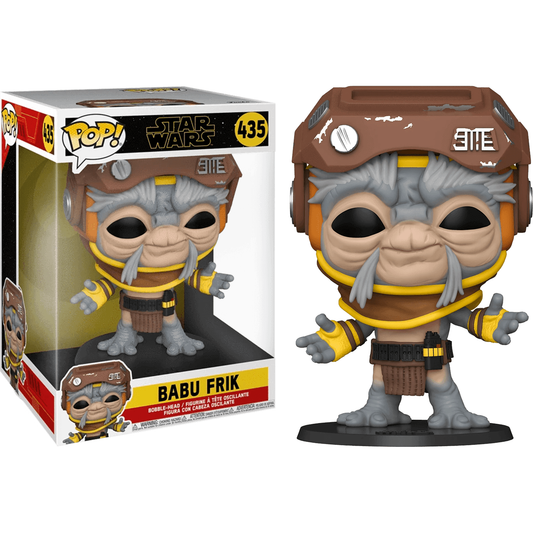 The Star Wars - Babu Frik 10 Pop! Vinyl, Figure #435, showcases Babu in a brown and yellow outfit with helmet and gloves. His expressive eyes and joyful expression are charming. The box is displayed on the left as the Jumbo figure stands proudly outside it.