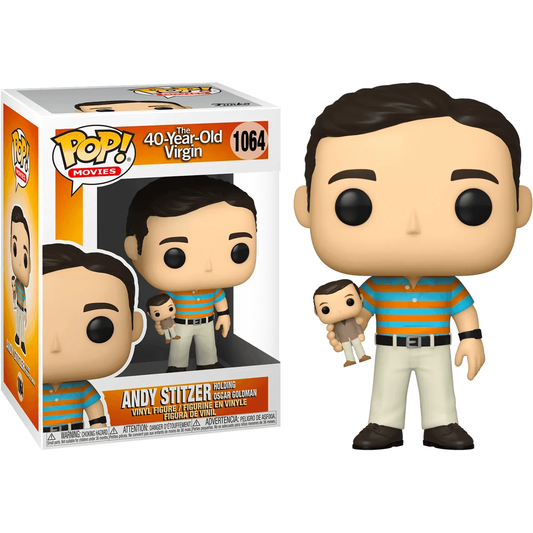 This 40 Year Old Virgin - Andy with Oscar Goldman Doll (with chase chance) Pop! Vinyl features Andy Stitzer with his prized doll, dressed in a blue and orange striped shirt and beige pants. It might be the collectible chase variant youve been searching for.