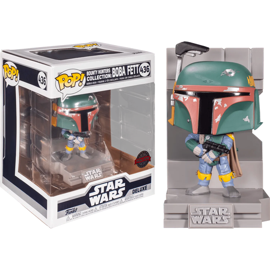 The Star Wars - Bounty Hunter Collection Boba Fett Metallic US Exclusive Pop! Deluxe Diorama [RS] features a striking metallic Boba Fett figure numbered 436, with his iconic green helmet and armor on a gray base, alongside its box showcasing him wielding his blaster.