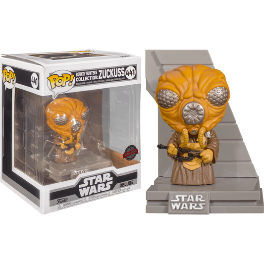 The Star Wars Bounty Hunter Collection Zuckuss Metallic US Exclusive Pop! Deluxe Diorama [RS] figurine stands on a Star Wars-themed base with a triangular backdrop, equipped with a weapon, and is displayed next to its box labeled 441.