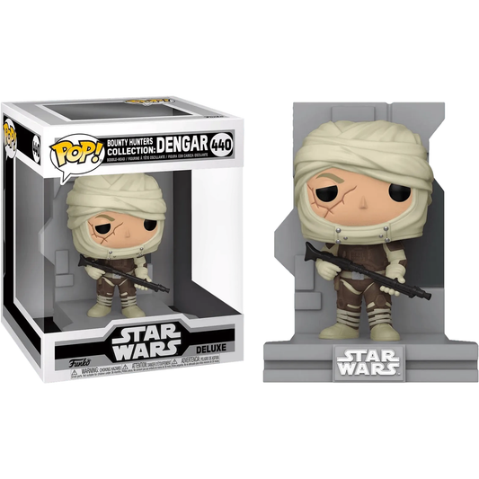 The Star Wars - Bounty Hunter Collection Dengar Pop! Deluxe Diorama [RS] is a standout figure. Dengar is wielding a weapon on a Star Wars base, and the box features his image with series number 440, making it essential for fans.