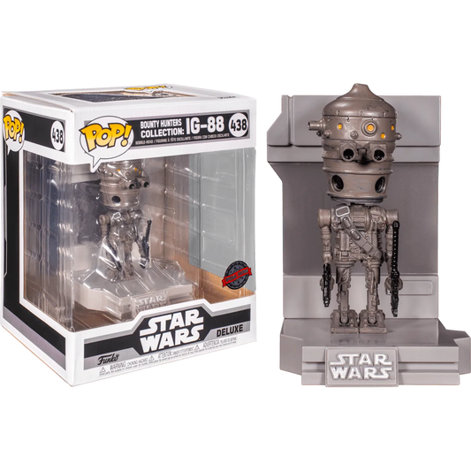 The IG-88 Funko Pop! figure, part of the Star Wars - Bounty Hunter Collection (number 438), is a meticulously detailed droid. The Metallic US Exclusive Pop! Deluxe Diorama showcases it beautifully in and out of its packaging, with the Star Wars logo on both box and base.