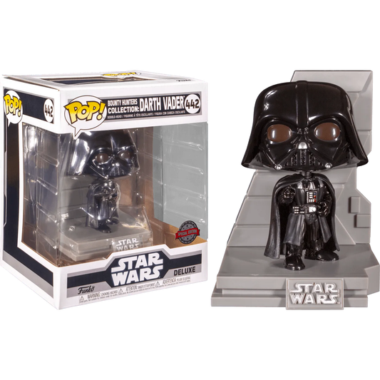 A Funko Pop! figure of Darth Vader from the Star Wars Bounty Hunter Collection, number 442, stands beside its matching box. This US Exclusive Pop! Deluxe Diorama features him in a cape and helmet on a Star Wars branded base, with box art complementing his design.