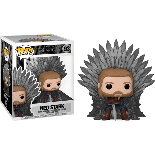 This A Game of Thrones - Ned Stark on Throne Pop! Deluxe vinyl captures Ned Stark with a sword on the Iron Throne. The box highlights Ned Stark and Game of Thrones Pop! 93, making it a must-have collectible for fans.