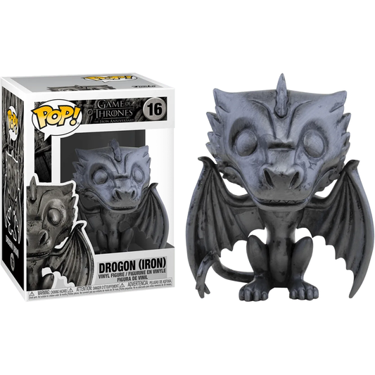 Presenting the A Game of Thrones - Drogon (Iron) Pop! Vinyl: a stunning collectible with a metallic iron finish. Numbered 16, the box features Drogons image, while the figure displays majestically spread wings—a must-have for every fans collection.