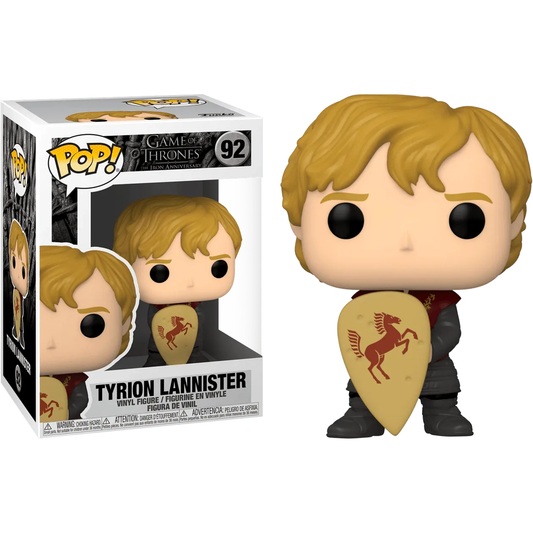 The A Game of Thrones - Tyrion with Shield Pop! Vinyl features Tyrion Lannister holding a yellow shield with a red horse design, short blond hair, dark clothes, unmistakable black eyes, and is collectible number 92.