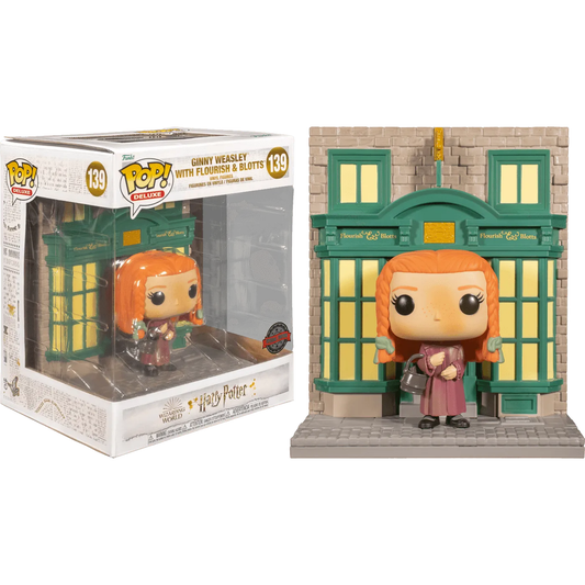 The Funko Pop! Deluxe figure features red-haired Ginny Weasley holding a book against a Diagon Alley-style green bookstore facade. The box labels it as Harry Potter - Ginny at Flourish & Blotts Diagon Alley US Exclusive. This is Pop! Deluxe number 139.