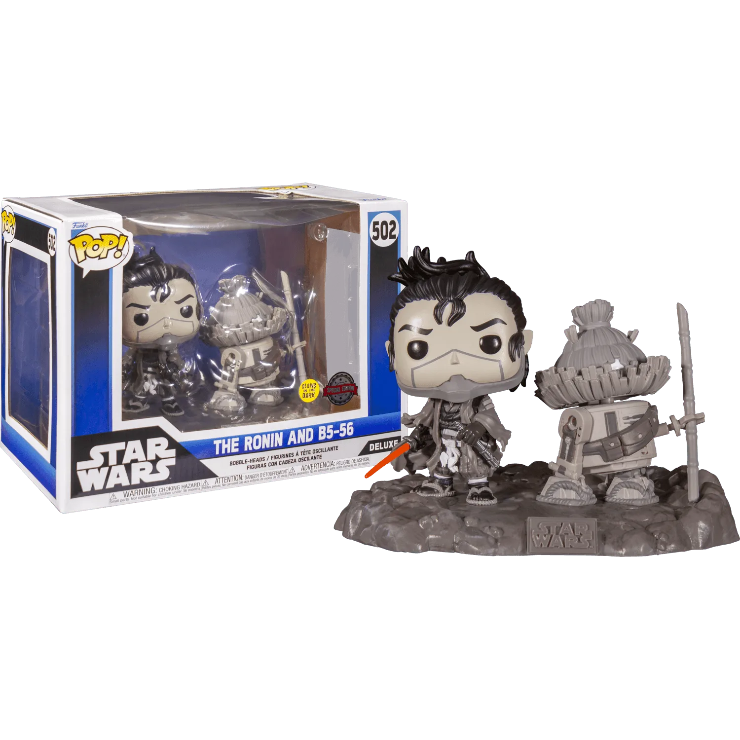 The Star Wars: Visions - The Ronin & B5-56 Glow US Exclusive Pop! Deluxe [RS] figures bring your favorite characters to life, showcasing intricate designs and accessories on a stand. The box flaunts striking blue and black colors with text in the background.