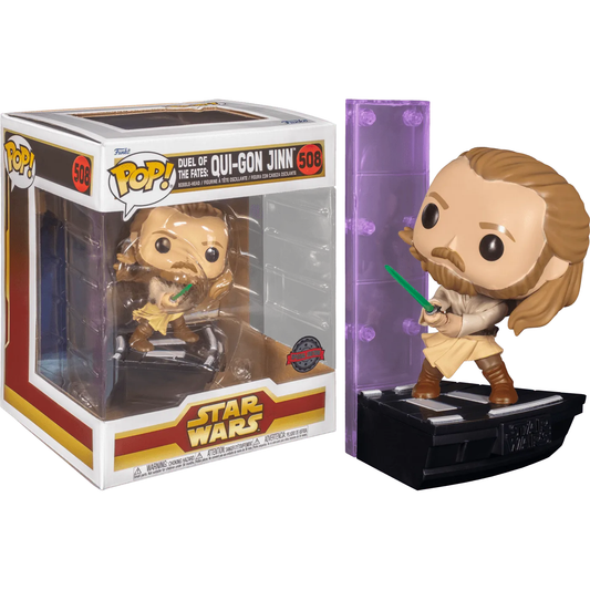 Discover the Qui-Gon Jinn Funko Pop Deluxe from Star Wars - Duel of the Fates, featuring his iconic green lightsaber. This collectible, with box number 508, stands on a decorative base and captures the essence of this legendary character.