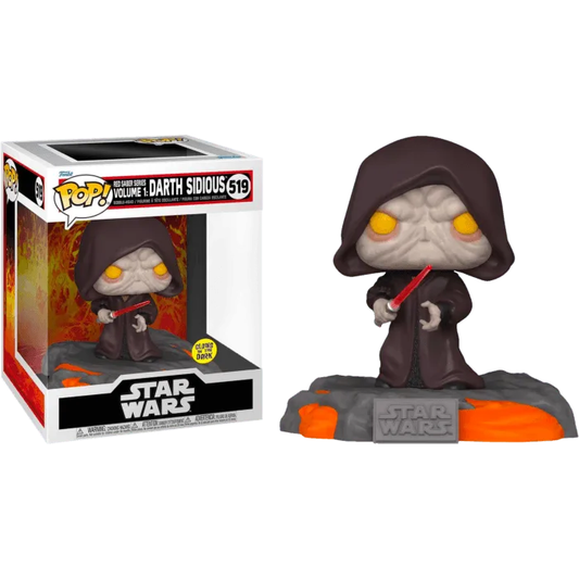 The Star Wars Red Saber Series: Darth Sidious Glow US Exclusive Pop! Deluxe [RS] features a glow-in-the-dark Darth Sidious wielding a red lightsaber on a lava-themed base, wearing a dark hooded robe. Labeled Darth Sidious and number 519, its ideal for Star Wars collectors.