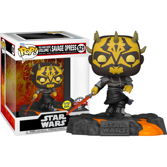 This Star Wars collectible is a Funko Pop! Deluxe vinyl figure from the Red Saber Series: Savage Opress, with black and yellow features, horns, red lightsabers, and a glow-in-the-dark design on a lava-themed base. The box is labeled Savage Opress 521.