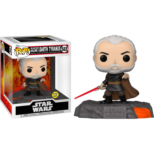 The Star Wars Red Saber Series: Darth Tyranus Glow US Exclusive Pop! Deluxe [RS], numbered 522, depicts Darth Tyranus with his iconic red lightsaber on a themed base and comes in a box featuring character illustration.