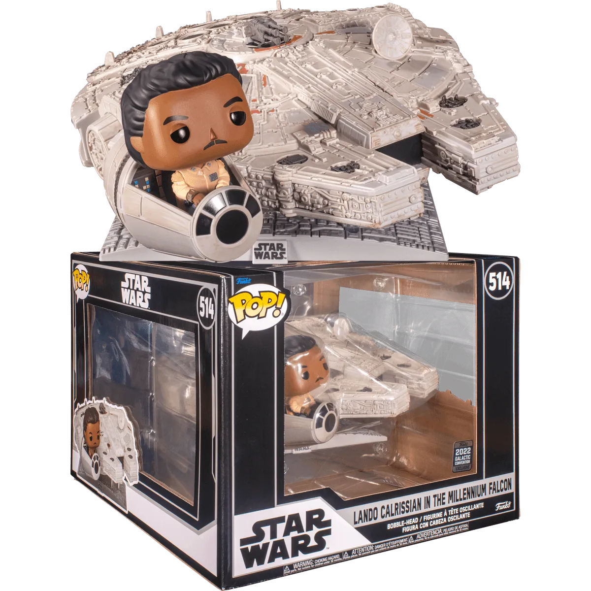 The Star Wars Celebration 2022 exclusive Pop! Ride [RS] features Lando Calrissian piloting the Millennium Falcon, captured in detail and numbered 514, all encased in its original box.