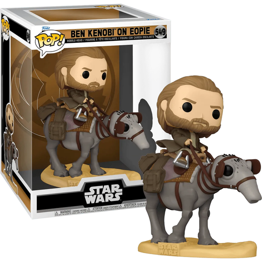 Discover the Star Wars - Ben Kenobi on Eopie Pop! Deluxe, a collectible from the Obi-Wan Kenobi series, showcasing every detail of Ben on his Eopie. This figure, number 549, comes in a branded display box with iconic Star Wars graphics.