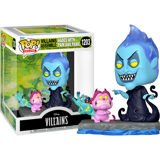 The Disney Villains - Assemble Hades US Exclusive Pop! Deluxe features a Hades with blue flames and a mischievous grin, alongside Pain and Panic, all presented in front of a branded box adorned with vibrant graphics.
