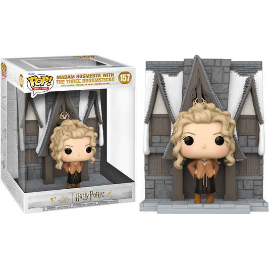 The Funko Pop! Deluxe Harry Potter - Madam Rosmerta with The Three Broomsticks displays Madam Rosmerta in a curly-haired, brown outfit before a stone building. Boxed as 157, snow on the roof adds to the enchanting Harry Potter setting.
